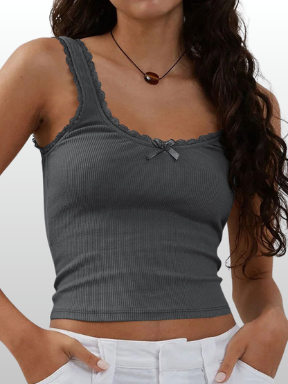 Ripp-Cami, Spitzenbesatz, Babydoll-Top, Pointelle, Umstandsfreundlich, Y2K-Style, Vintage