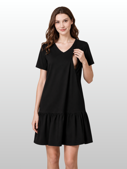 Stillkleid, Kurz, Vertikaler Reißverschluss, Volant-Saum, Sommer, Baumwolle-Leinen, Schwangerschaft Stillzeit