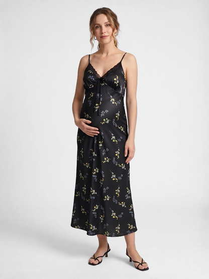 Umstandskleid geblümt als Slip Dress mit Spitzen-V-Ausschnitt