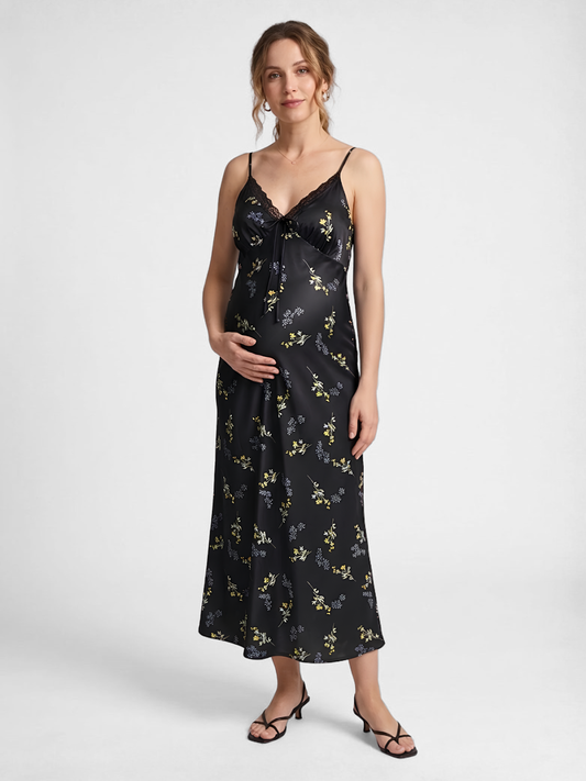 Umstandskleid geblümt als Slip Dress mit Spitzen-V-Ausschnitt