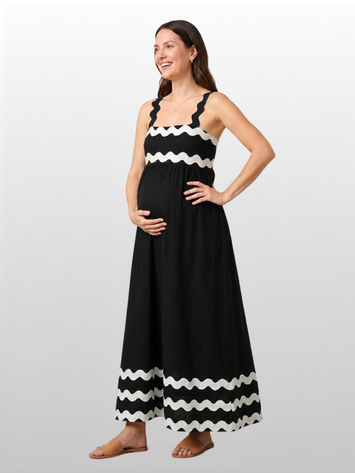 Sommerkleid Maxi mit Muster, geraffter Rücken, Empire-Taille