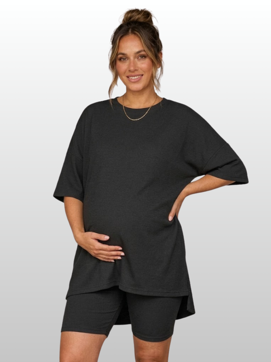 Umstands-Lounge-Set, Oversized Top & Radlerhose, High-Low-Saum, Postpartum-geeignet
