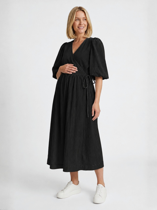 Wickelkleid für die Schwangerschaft aus Baumwolle mit Puffärmeln
