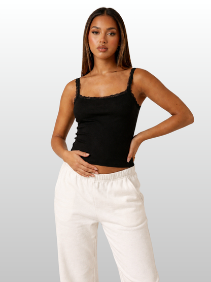 Ripp-Cami, Spitzenträger, Eckiger Ausschnitt, Longline, Baumwolle-Stretch, Umstands- & Stillfreundlich