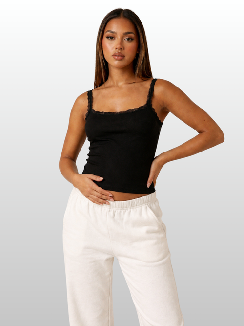 Ripp-Cami, Spitzenträger, Eckiger Ausschnitt, Longline, Baumwolle-Stretch, Umstands- & Stillfreundlich