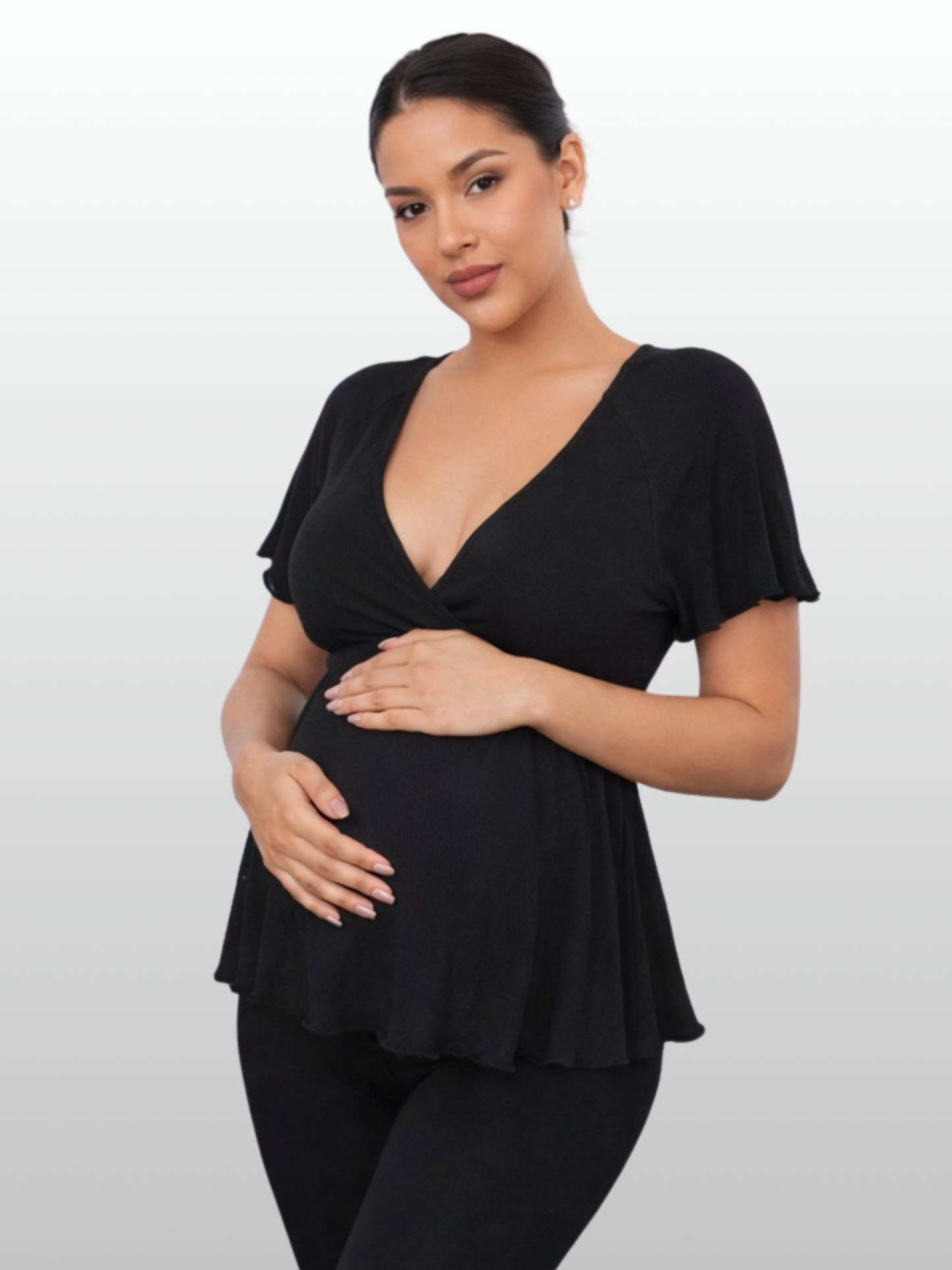 Umstandsbluse, V-Ausschnitt, Tunika, Peplum-Saum, Flattersleeve, Stillen, Sommer, Luftig, Alle Trimester