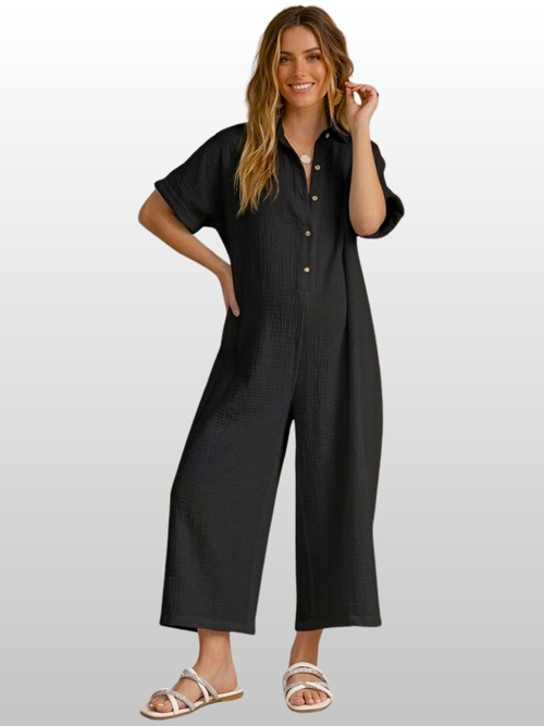 Umstands-Jumpsuit, Kurzarm, Knopfleiste, Gaze-Stoff, Atmungsaktiv, Lockere Passform, Sommer