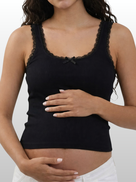 Ripp-Cami, Spitzenbesatz, Babydoll-Top, Pointelle, Umstandsfreundlich, Y2K-Style, Vintage