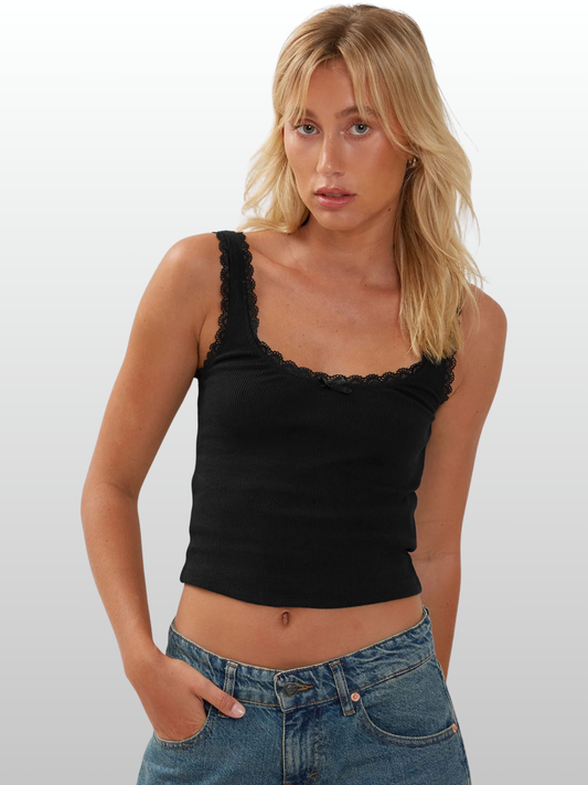 Camisole, Pointelle-Rippstrick, Spitzenbesatz, Schleife, Cropped, Vintage Y2K, Alltagstop