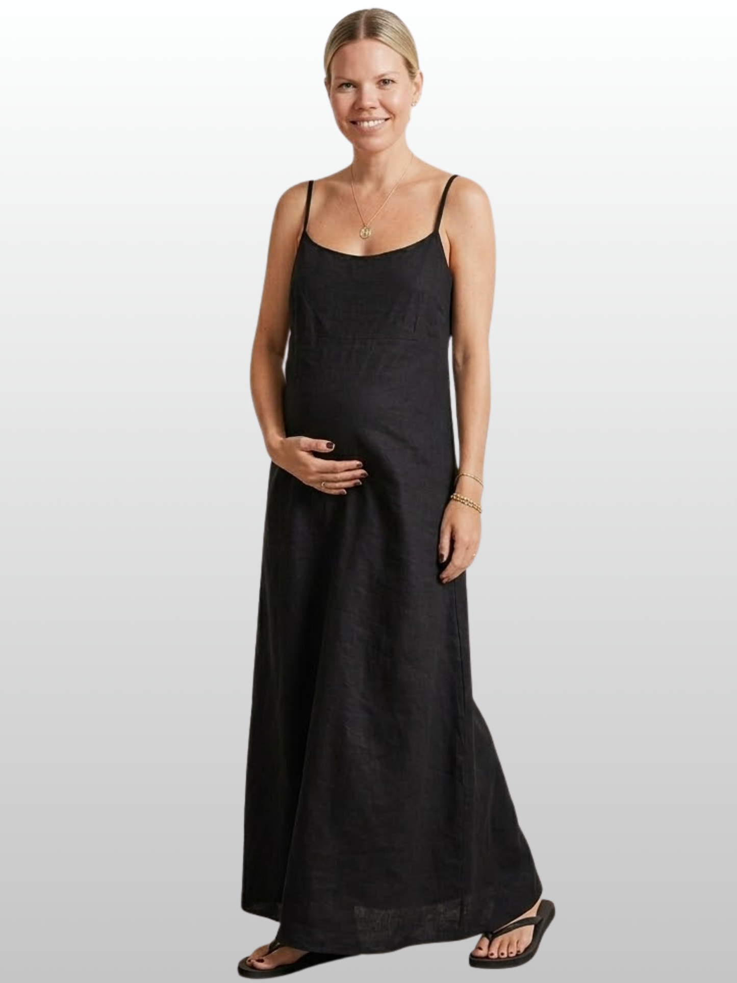 Umstandskleid, Maxi, Leinen-Baumwolle, Spaghettiträger, Column-Silhouette, Bodenlang, Sommer, Minimal