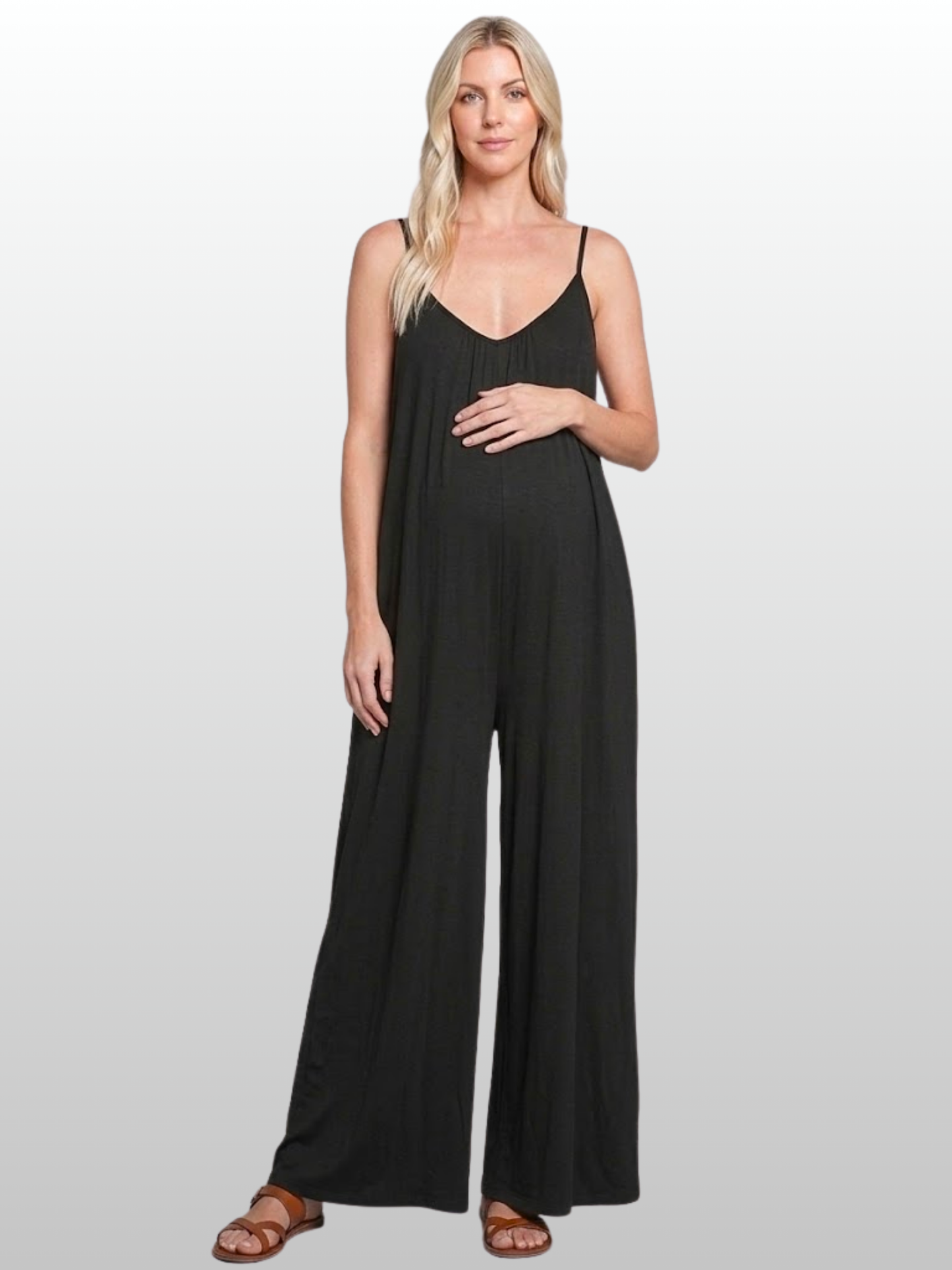 Umstands-Jumpsuit, Spaghettiträger, Tiefes V-Ausschnitt, Weites Bein, Fließend, Lounge, Sommer