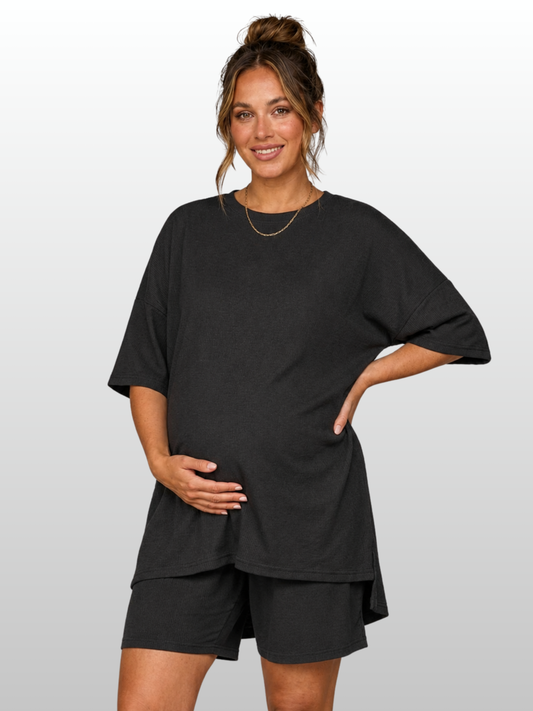 Umstands-Lounge-Set, Oversized Top & Relax-Shorts, High-Low-Saum, Postpartum-geeignet