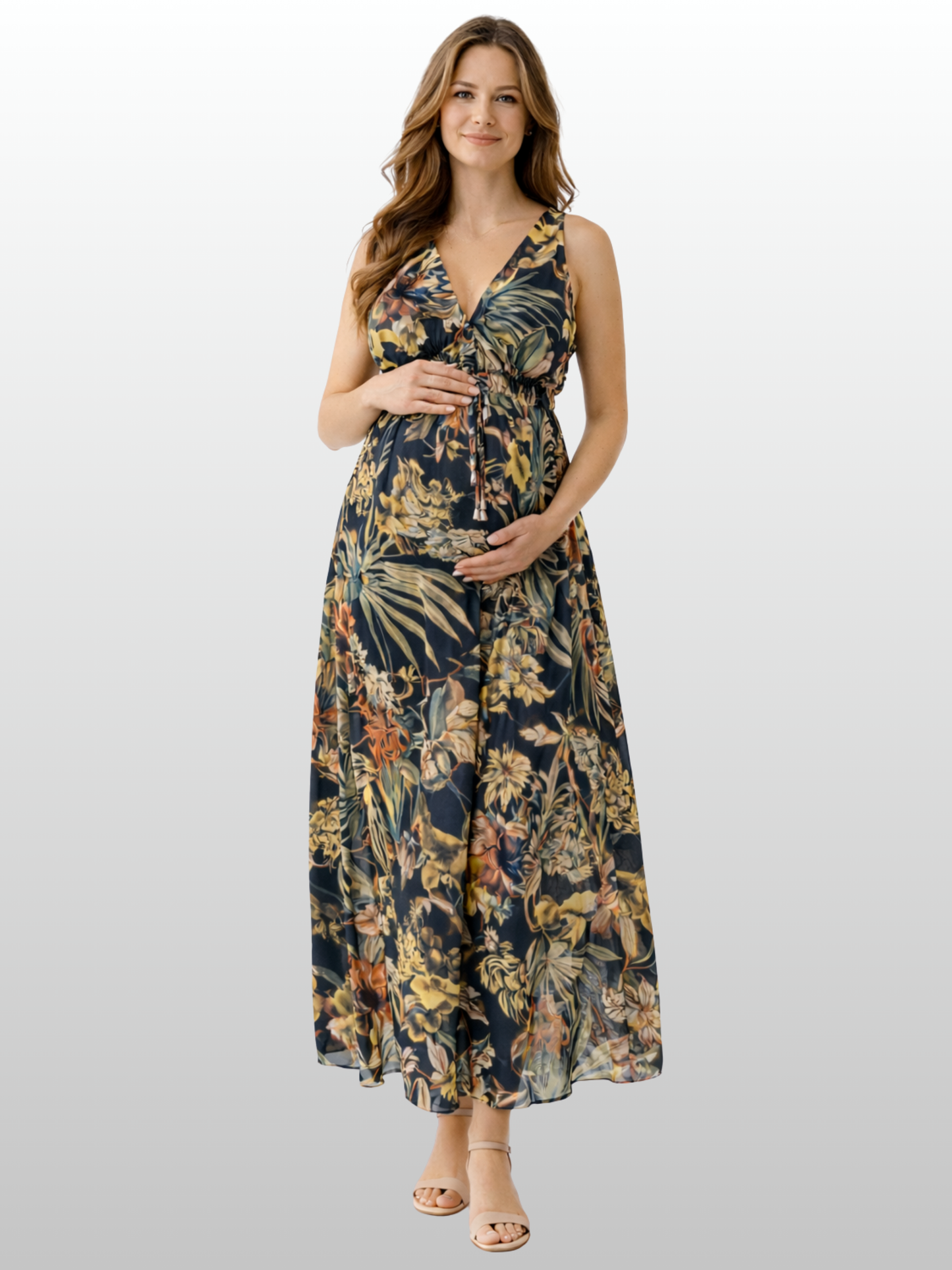 Umstandskleid Maxi, Boho Blumenmuster, Empire-Taille, Fotoshooting, Babyparty, Luftig Leicht, Sommer
