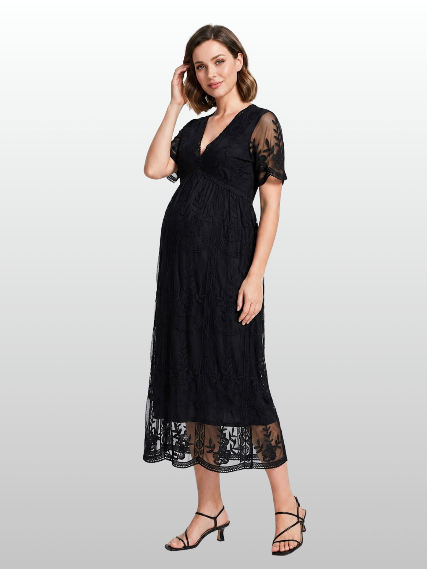 Umstandskleid mit bestickter Spitze, V-Ausschnitt, Empire-Taille