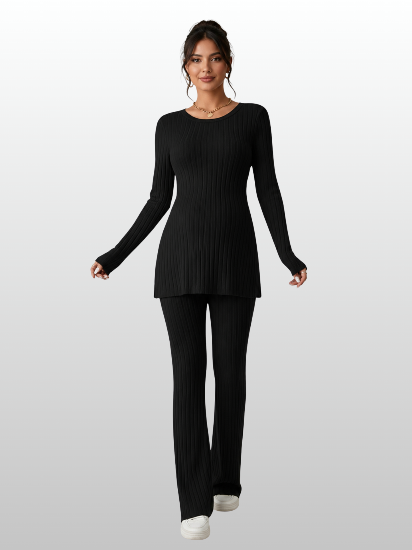 Umstandsmode, Outfit Schwangerschaft, Zweiteiler Gerippter Rippstrick, Tunika mit Schlaghose, Langarm, Rundhals, Babybauchfreundlich