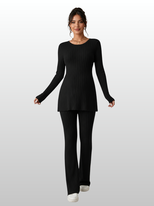Umstandsmode, Outfit Schwangerschaft, Zweiteiler Gerippter Rippstrick, Tunika mit Schlaghose, Langarm, Rundhals, Babybauchfreundlich