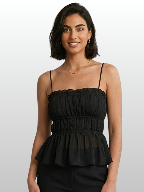 Cami Top, Rüschen-Peplum, Chiffon, Spaghettiträger, Empire-Taille, Leicht & Feminin