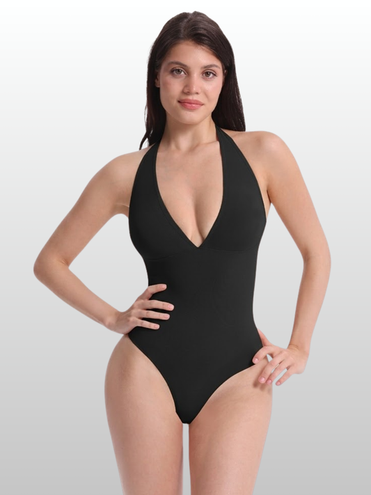 Shaping Bodysuit, Halter-Neck, Wandelbare Träger, Tiefer V-Ausschnitt, Stringschnitt, Taillenkompression, Nahtlos
