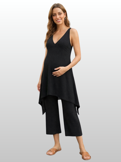 Umstandsset, Asymmetrisches Top, Weite Hose, Viskose-Strick, Fließend, Sommer, Urlaub, Elegant