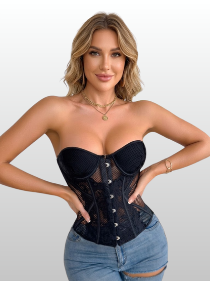 Corsage Damen, Strapless, Spitze Mesh, Schnürung Rücken, Bügel-Cups, Abend-Oberteil