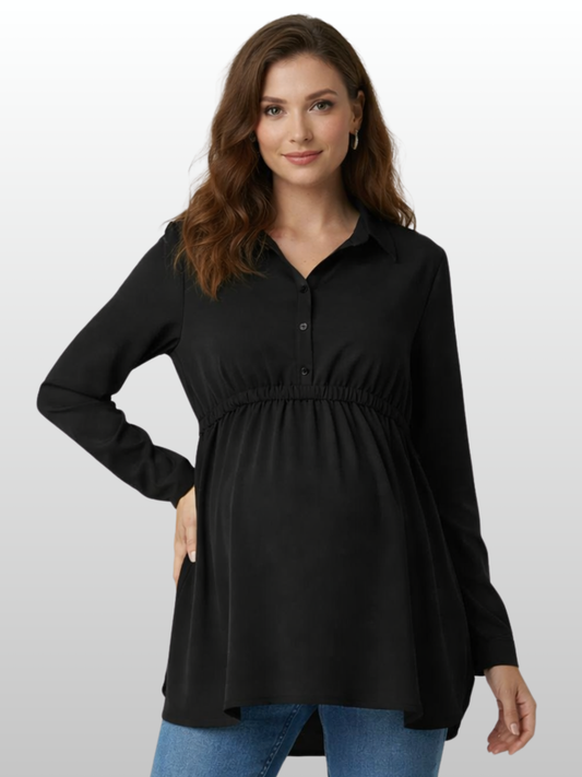 Umstandsbluse, Empire-Taille, Verstellbarer Kordelzug, A-Linie, Hemdkragen, Alle Trimester, Büro, Stillzeit