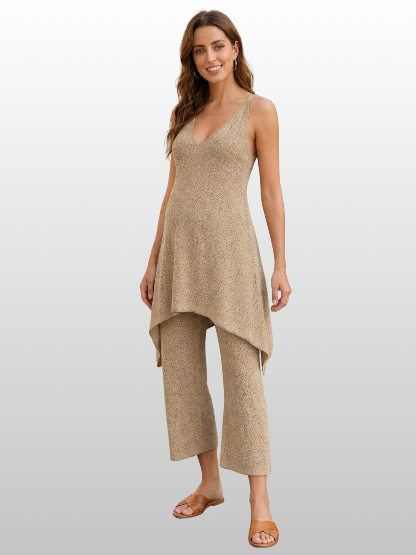 Umstandsset, Asymmetrisches Top, Weite Hose, Viskose-Strick, Fließend, Sommer, Urlaub, Elegant