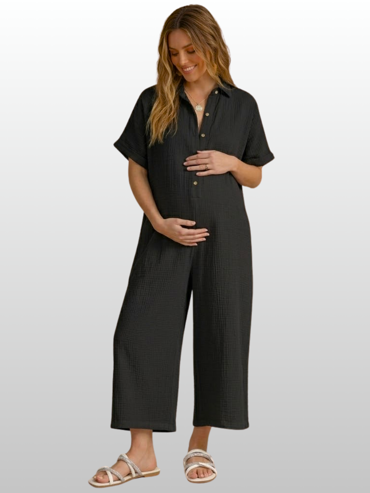 Umstands-Jumpsuit, Kurzarm, Knopfleiste, Gaze-Stoff, Atmungsaktiv, Lockere Passform, Sommer