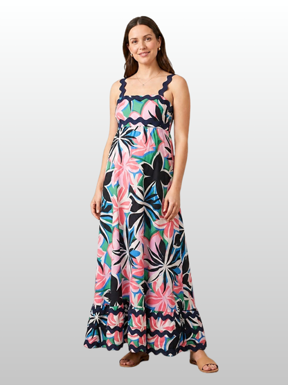 Sommerkleid Maxi mit Muster, geraffter Rücken, Empire-Taille