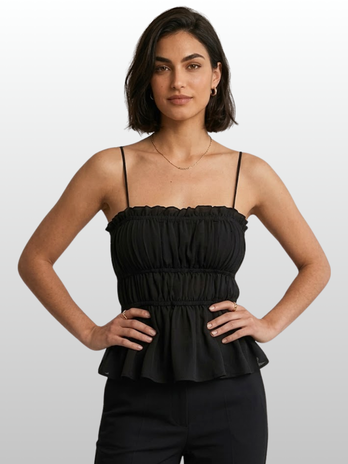 Cami Top, Rüschen-Peplum, Chiffon, Spaghettiträger, Empire-Taille, Leicht & Feminin