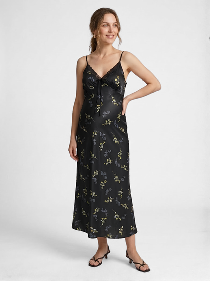 Umstandskleid geblümt als Slip Dress mit Spitzen-V-Ausschnitt