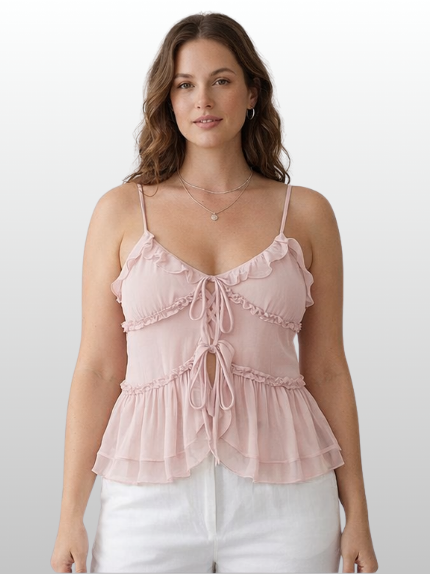 Camisole, Rüschen, Bindeband vorne, Peplum-Saum, Chiffon, Spaghettiträger, Sommer