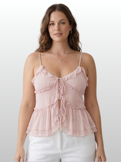 Camisole, Rüschen, Bindeband vorne, Peplum-Saum, Chiffon, Spaghettiträger, Sommer
