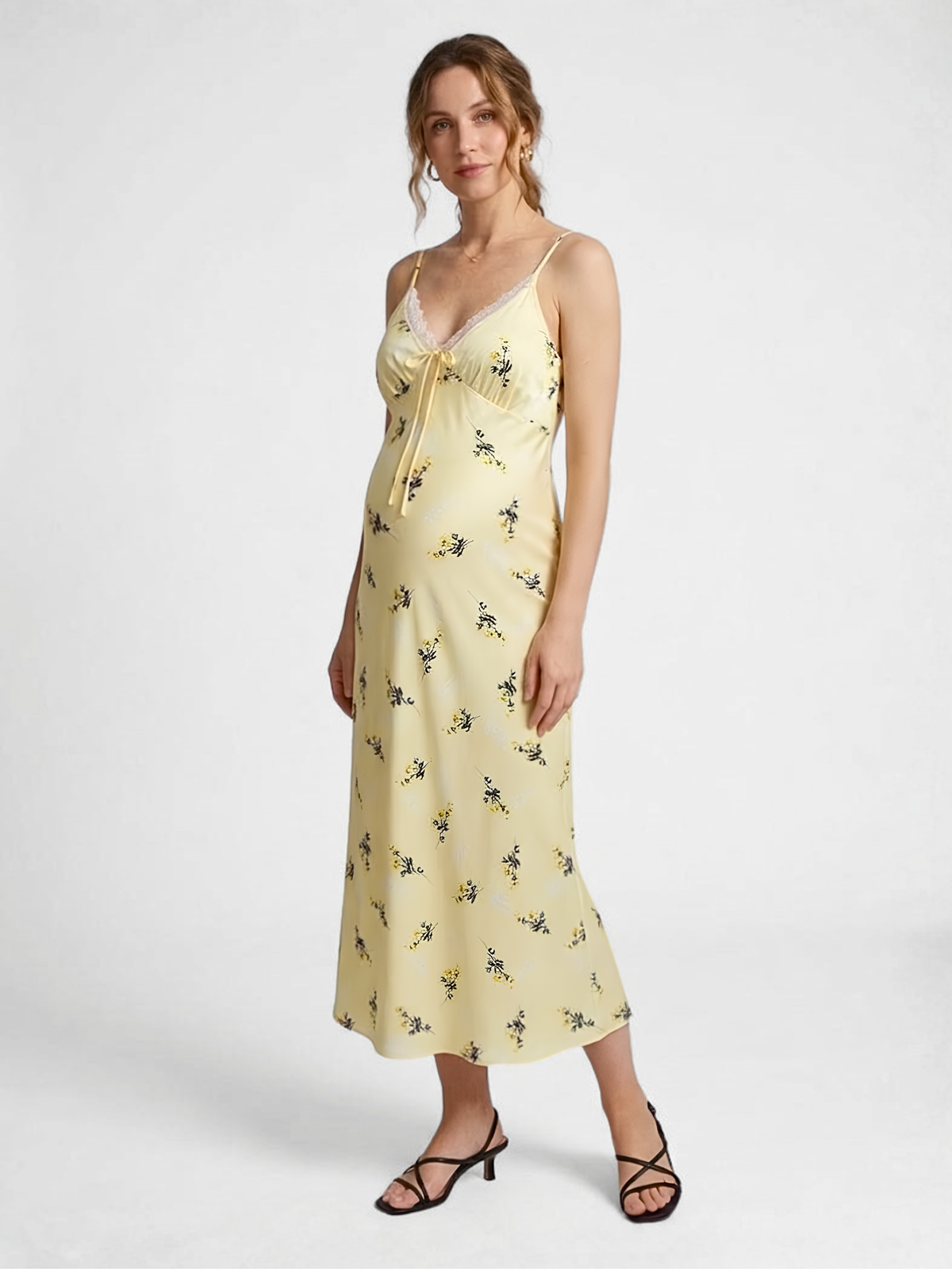 Umstandskleid geblümt als Slip Dress mit Spitzen-V-Ausschnitt