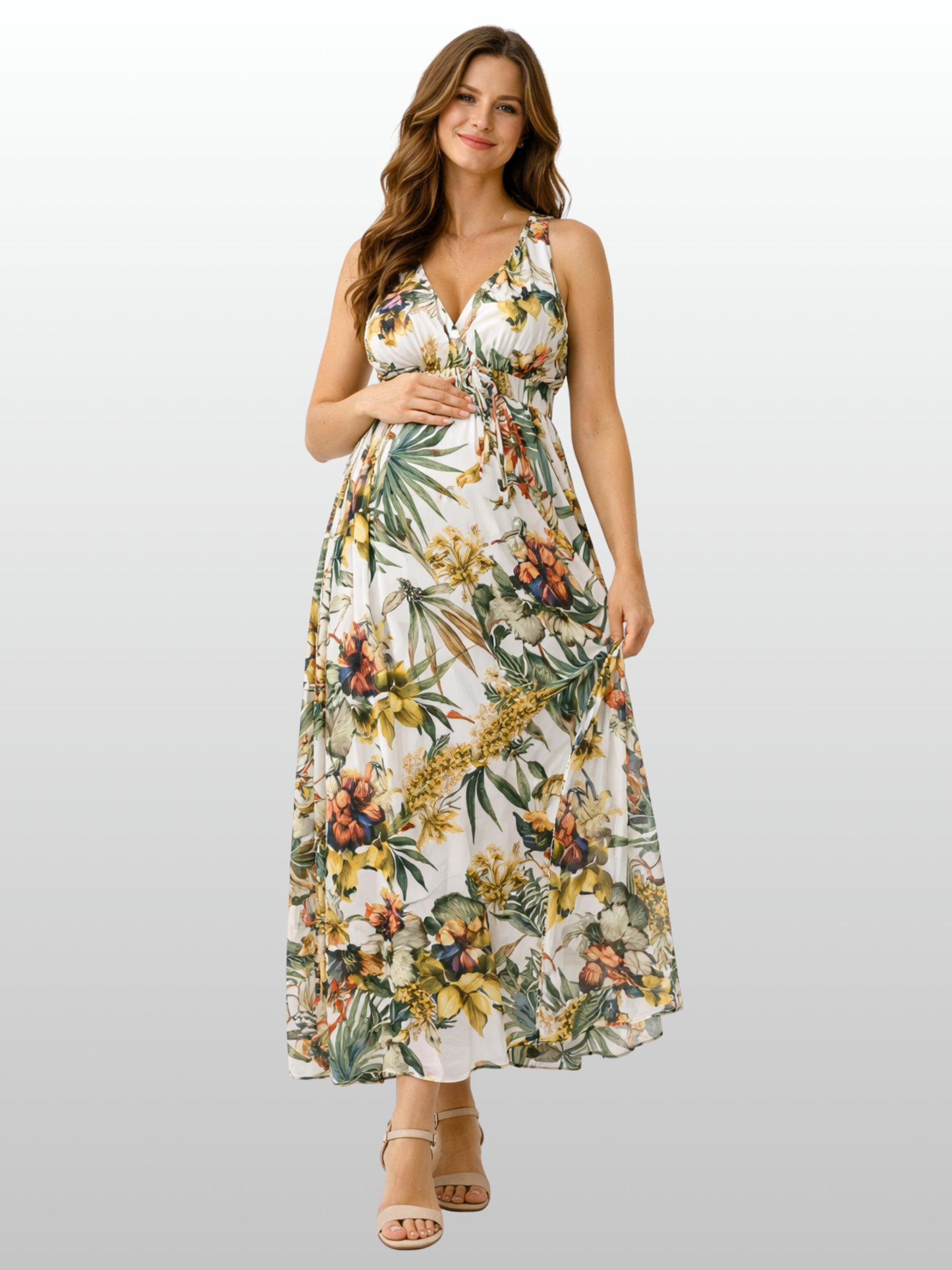 Umstandskleid Maxi, Boho Blumenmuster, Empire-Taille, Fotoshooting, Babyparty, Luftig Leicht, Sommer