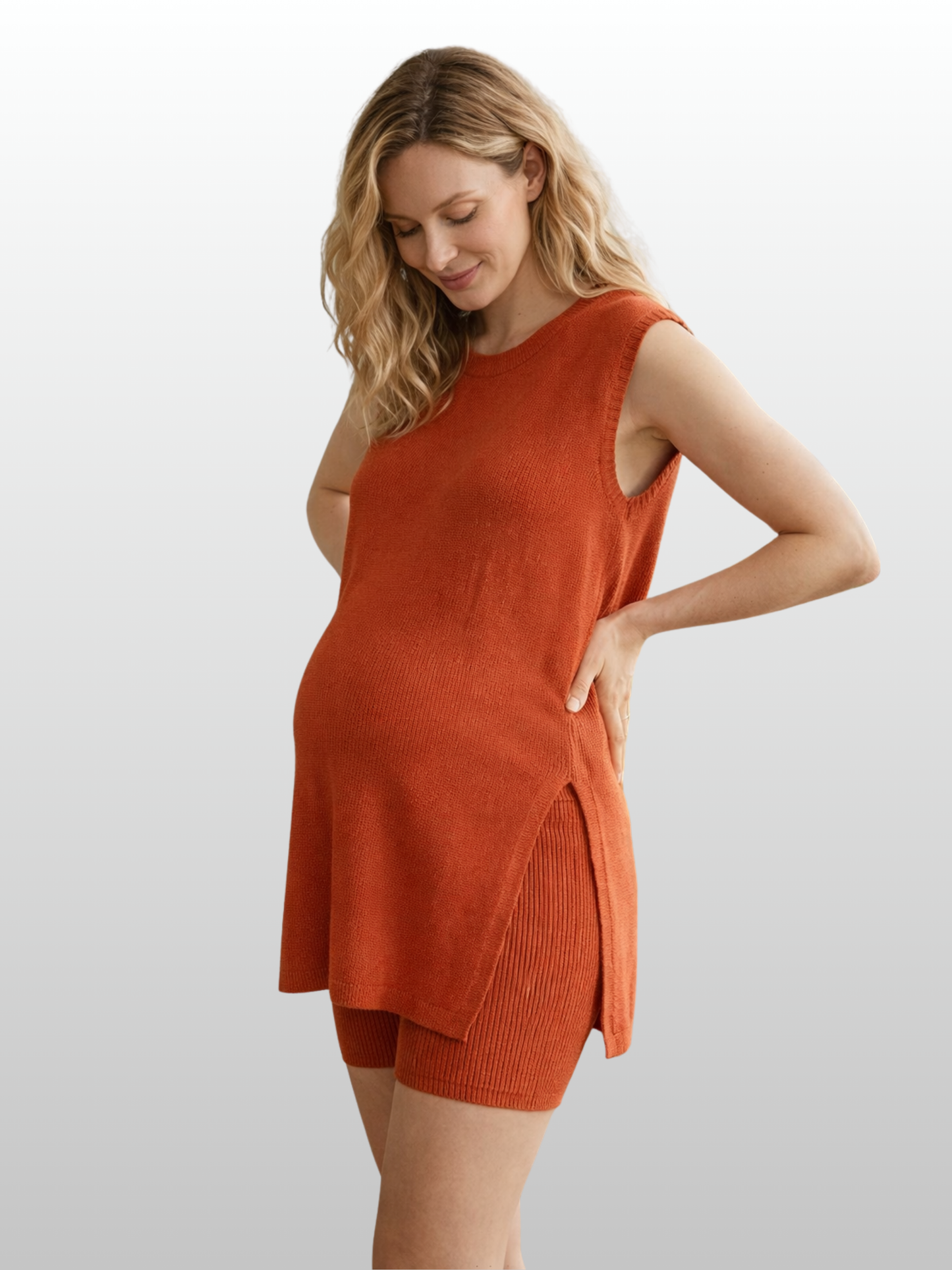 Umstands-Lounge-Set, Ärmellos, Longline-Top, Ripp-Radlerhose, Seitenschlitze, Alltag & Sommer