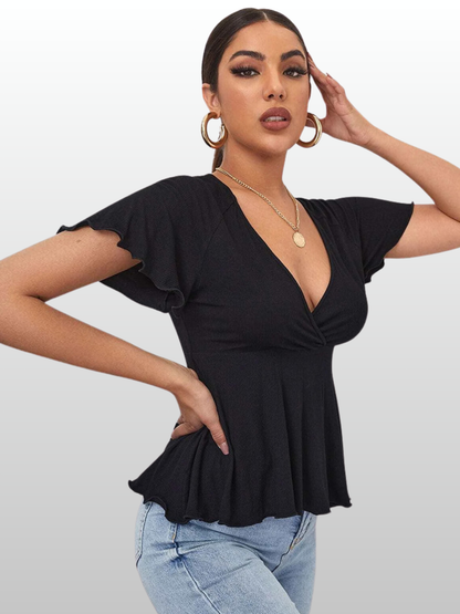 Umstandsbluse, V-Ausschnitt, Tunika, Peplum-Saum, Flattersleeve, Stillen, Sommer, Luftig, Alle Trimester