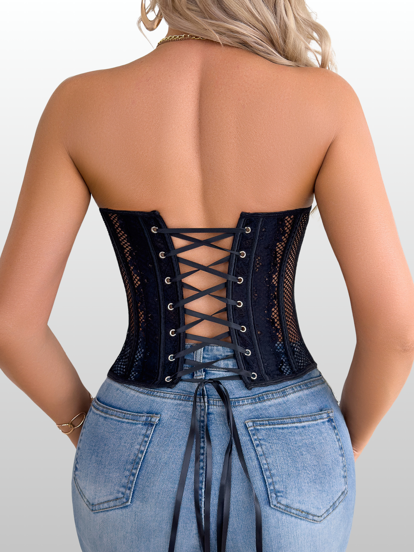 Corsage Damen, Strapless, Spitze Mesh, Schnürung Rücken, Bügel-Cups, Abend-Oberteil