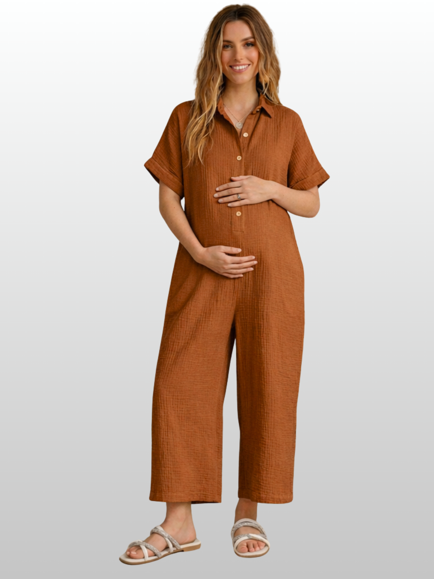 Umstands-Jumpsuit, Kurzarm, Knopfleiste, Gaze-Stoff, Atmungsaktiv, Lockere Passform, Sommer
