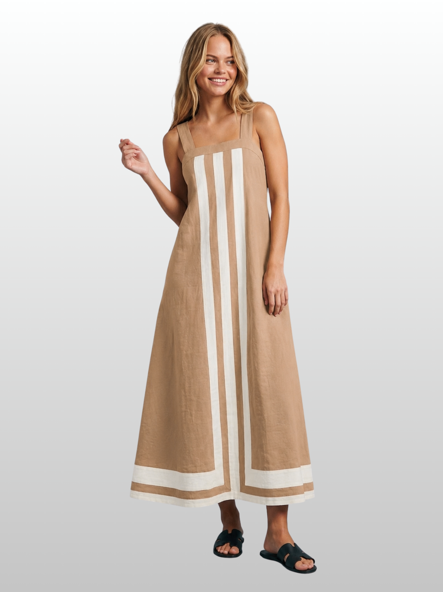 Sommerkleid Midi A-Linie mit Kontraststreifen, ärmellos