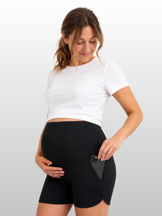 Umstandsshorts, Überbauch-Bauchband, Gerippter Stoff, Seitentaschen, High-Waist, Sommer Lounge