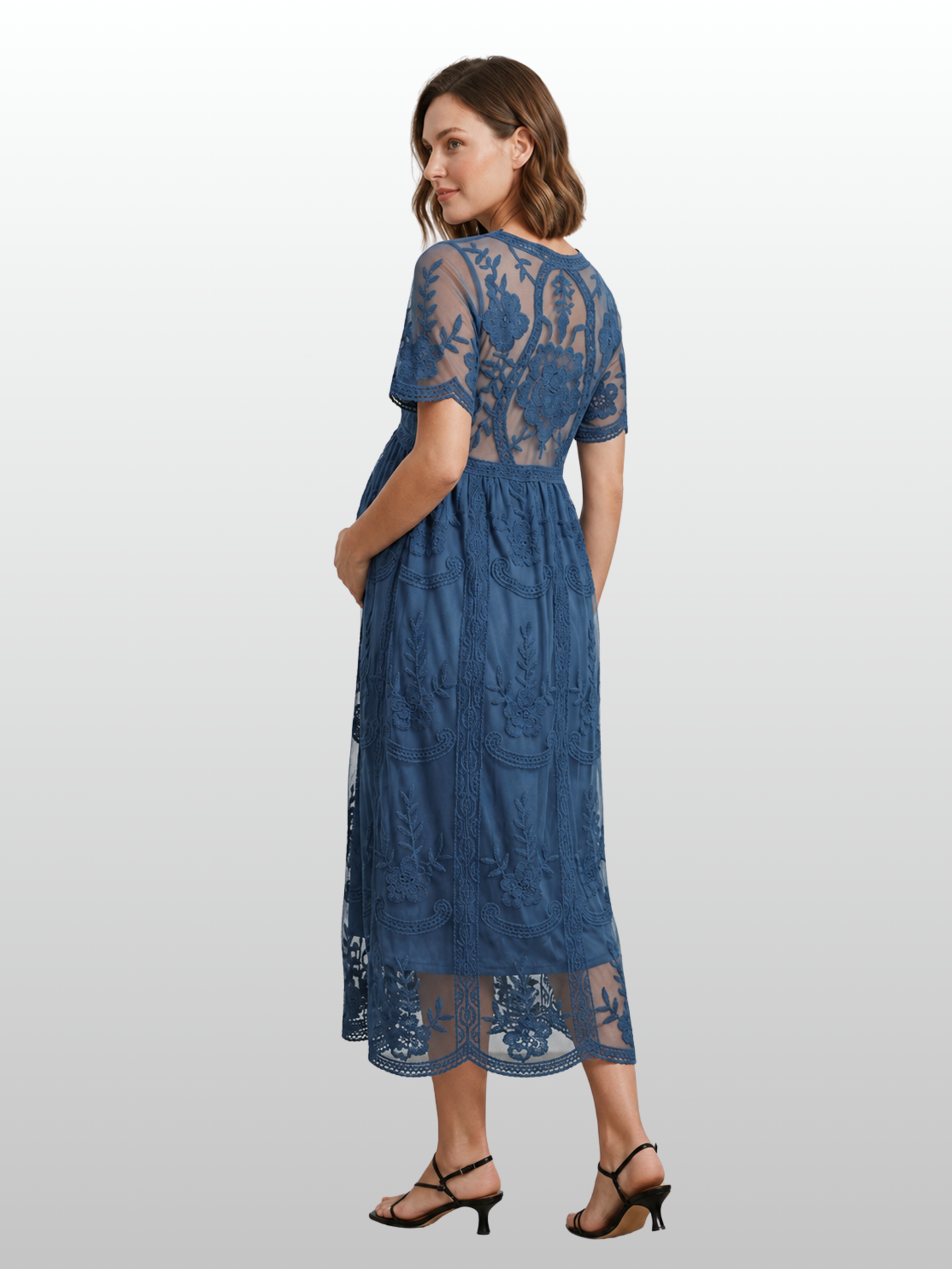 Umstandskleid mit bestickter Spitze, V-Ausschnitt, Empire-Taille