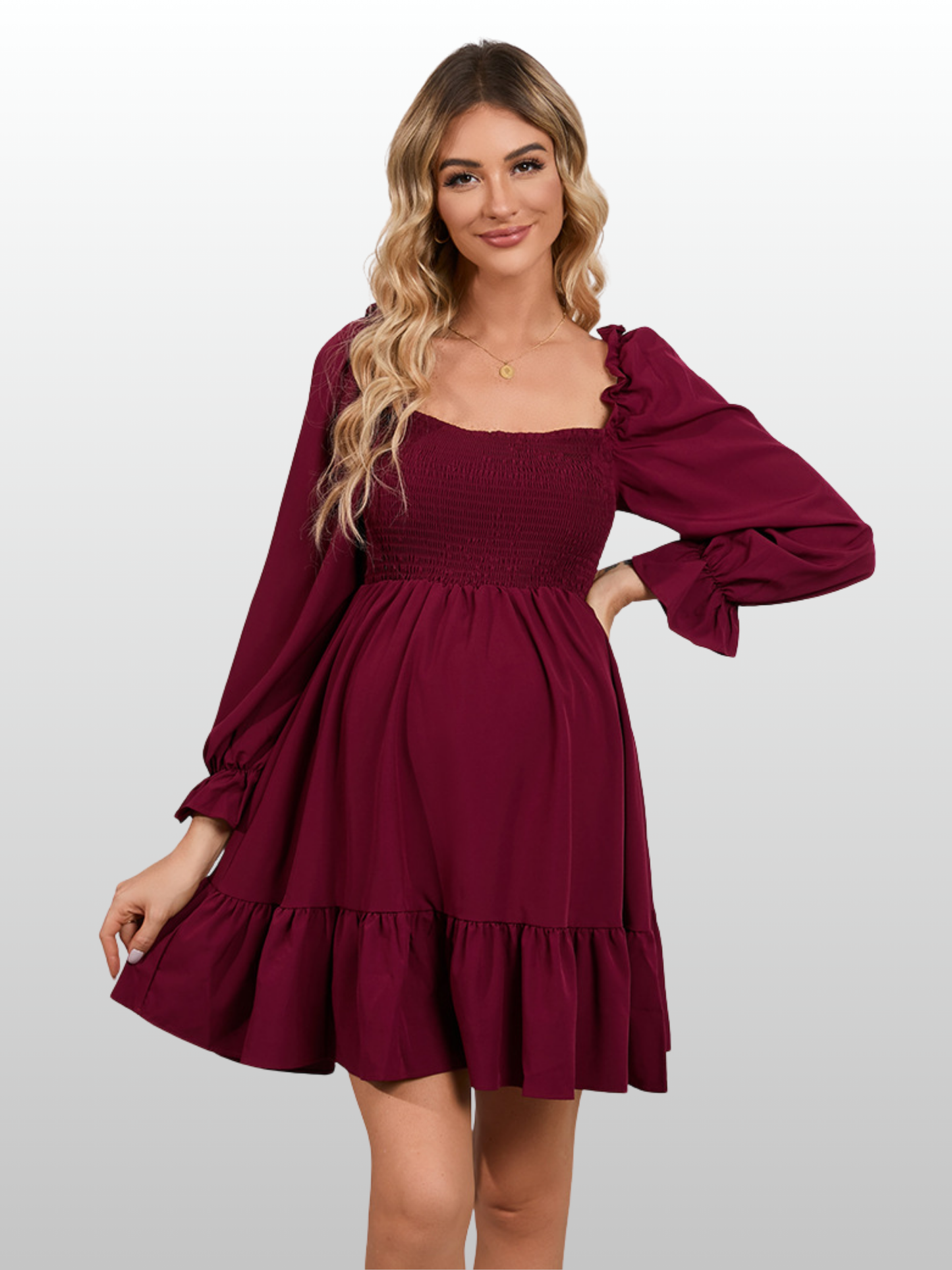 Umstandskleid Babydoll mit Puffärmeln & Volantsaum, Smok-Oberteil