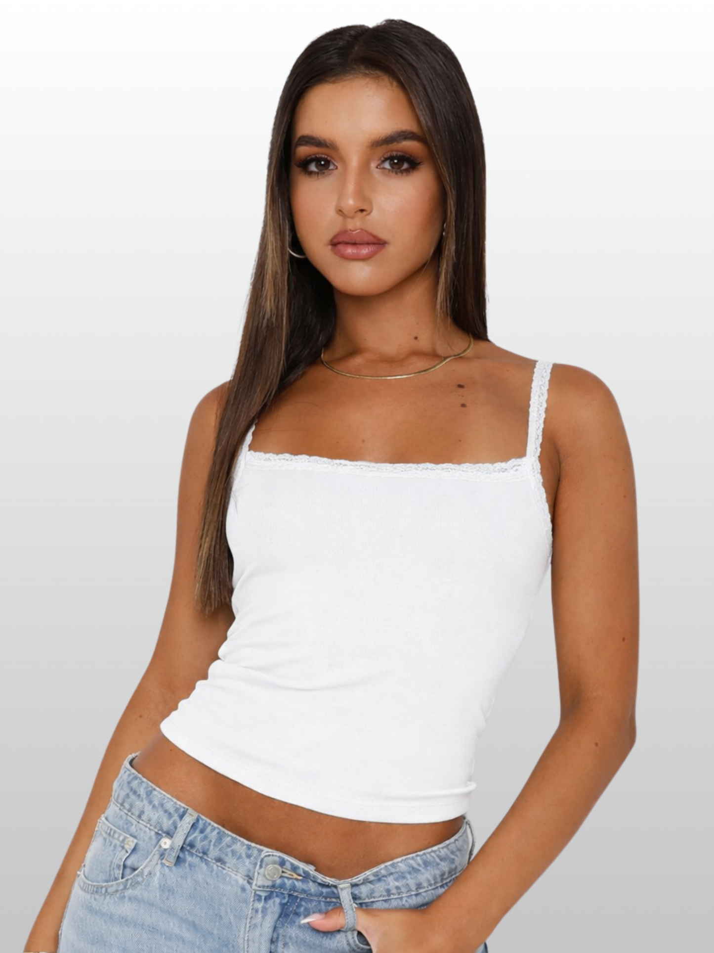 Tanktop, Spitzenträger, Ripp-Stretch, Eckiger Ausschnitt, Longline, Slim Fit, Sommer