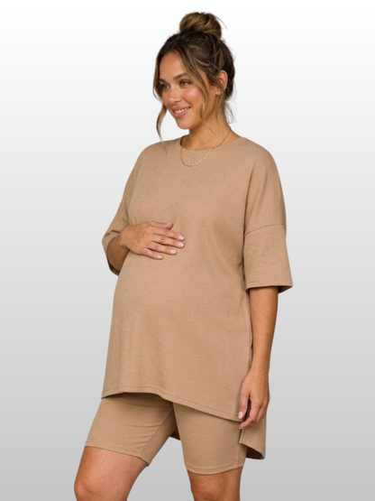Umstands-Lounge-Set, Oversized Top & Radlerhose, High-Low-Saum, Postpartum-geeignet