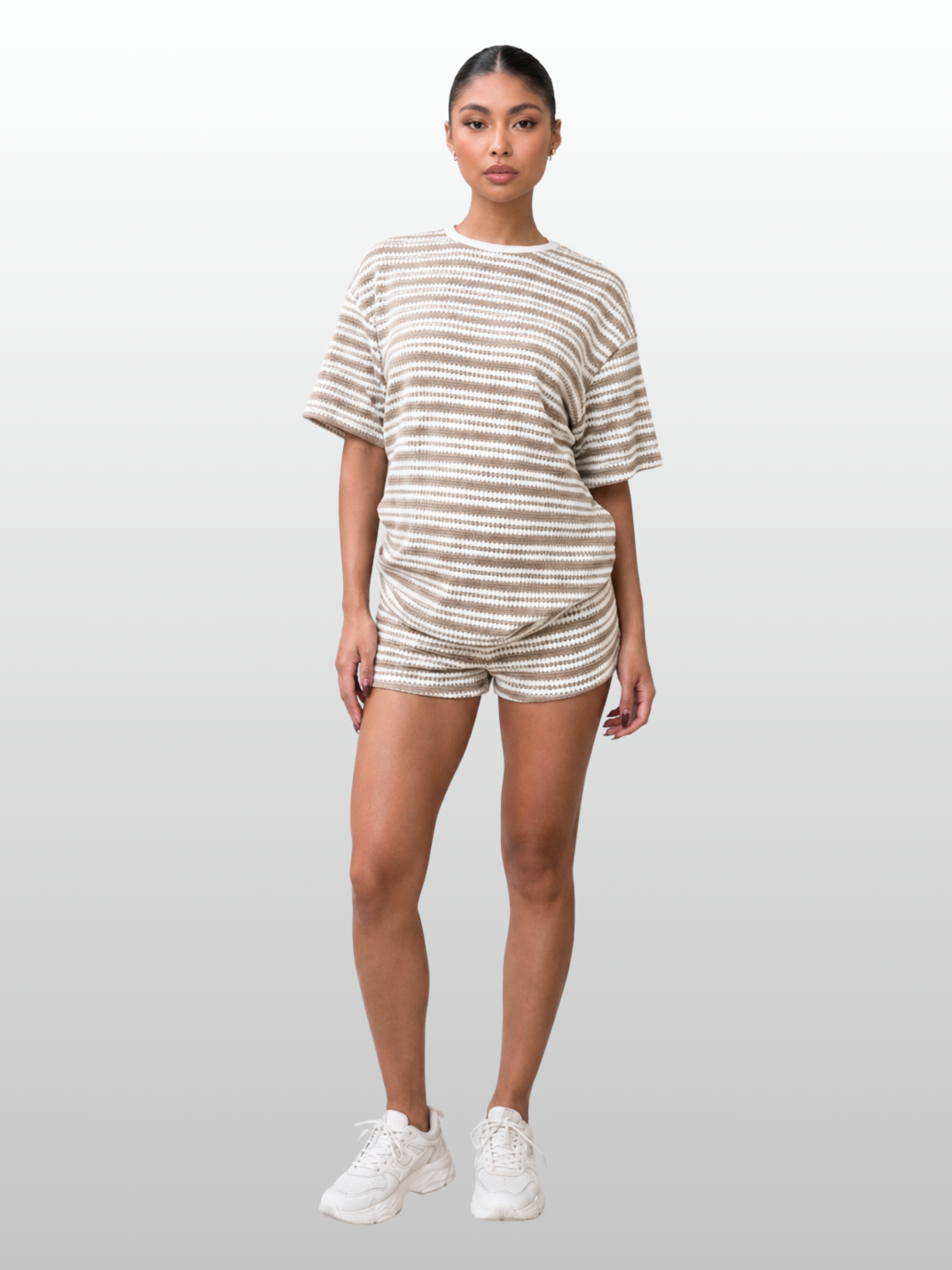 Lounge-Set Umstandsmode gestreift: Oversized-Shirt & Shorts, Rippstrick