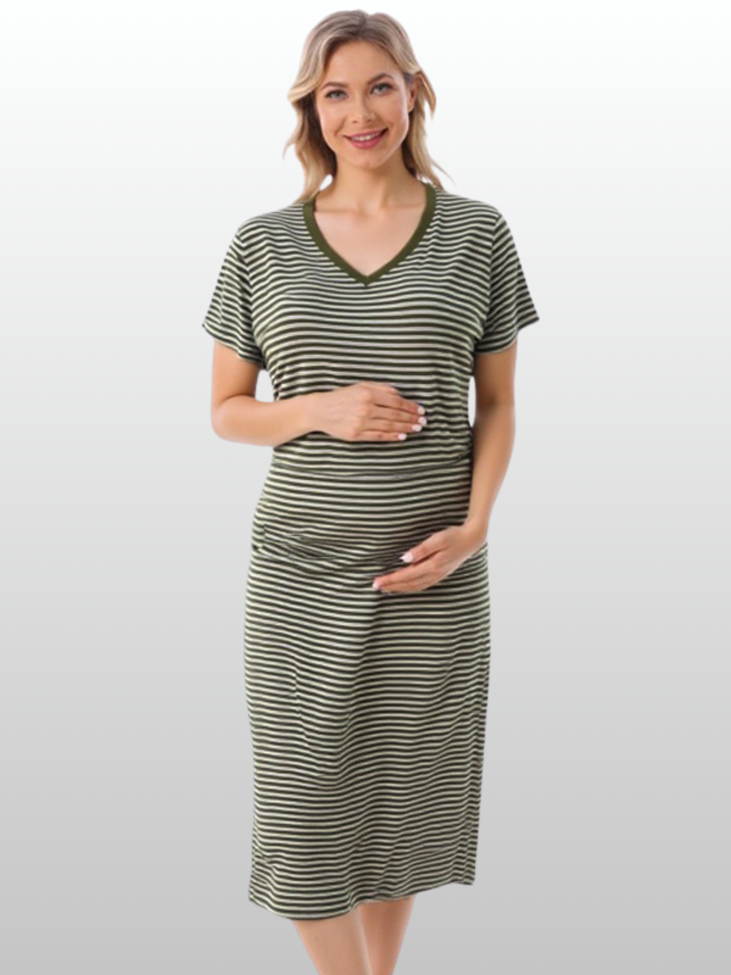 Stillkleid Midi, V-Ausschnitt, Versteckter Reißverschluss, Hauskleid, Nachthemd, Kurzarm, Atmungsaktiv