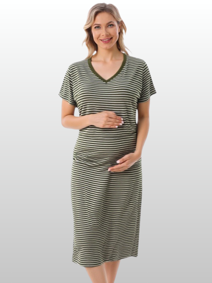 Stillkleid Midi, V-Ausschnitt, Versteckter Reißverschluss, Hauskleid, Nachthemd, Kurzarm, Atmungsaktiv