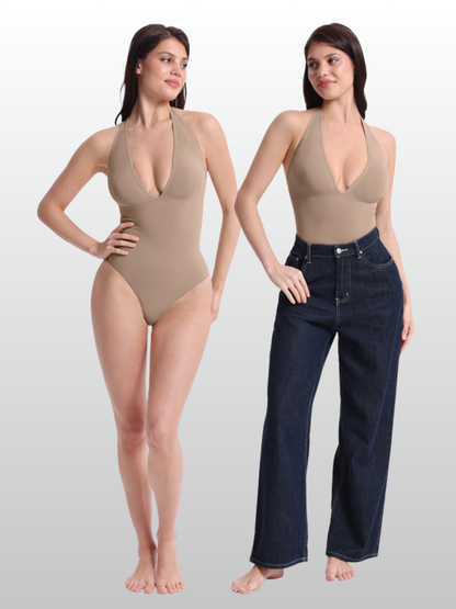 Shaping Bodysuit, Halter-Neck, Wandelbare Träger, Tiefer V-Ausschnitt, Stringschnitt, Taillenkompression, Nahtlos