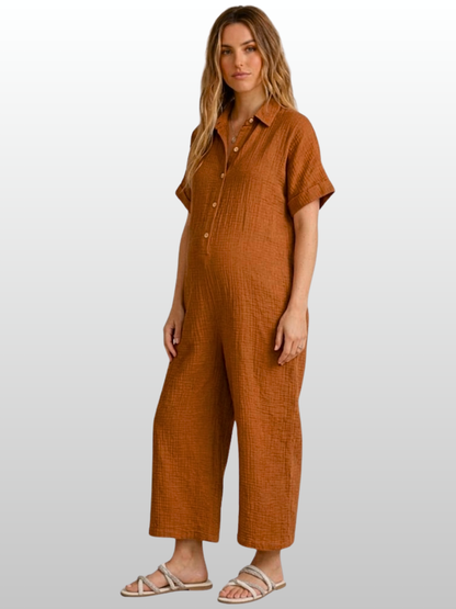 Umstands-Jumpsuit, Kurzarm, Knopfleiste, Gaze-Stoff, Atmungsaktiv, Lockere Passform, Sommer
