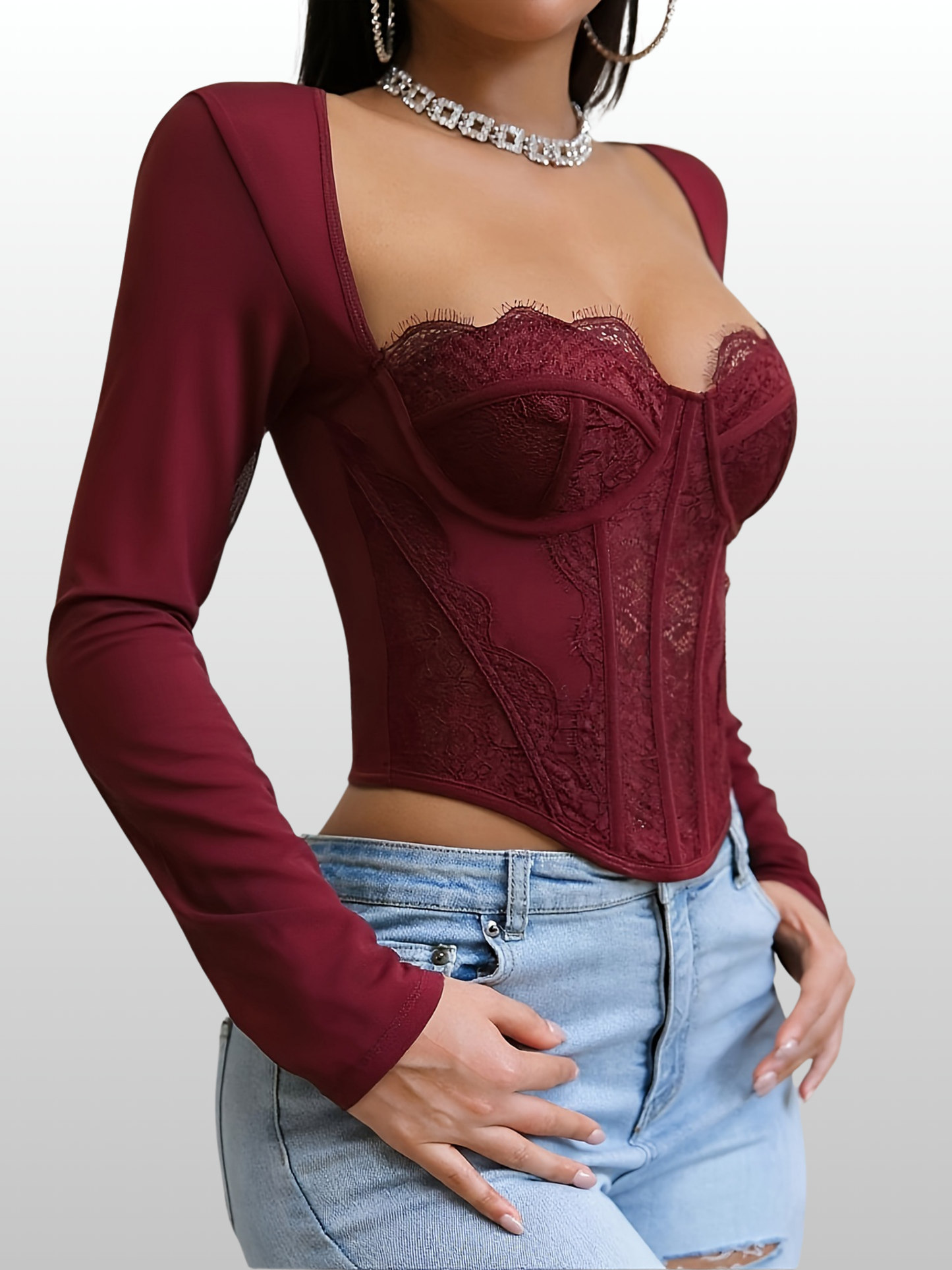Corsagen-Top, Langarm, Transparente Mesh-Ärmel, Blumenspitze, Unterbrustbügel, Stäbchen, Figurformend, Abendmode